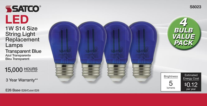 Set of four blue transparent S14 LED filament bulbs with E26 base, energy-efficient for lighting and electrical use under $50 collections
