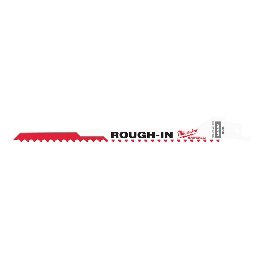 Red and white Milwaukee ROUGH-IN reciprocating saw blade designed for wood cutting in tools and home improvement projects