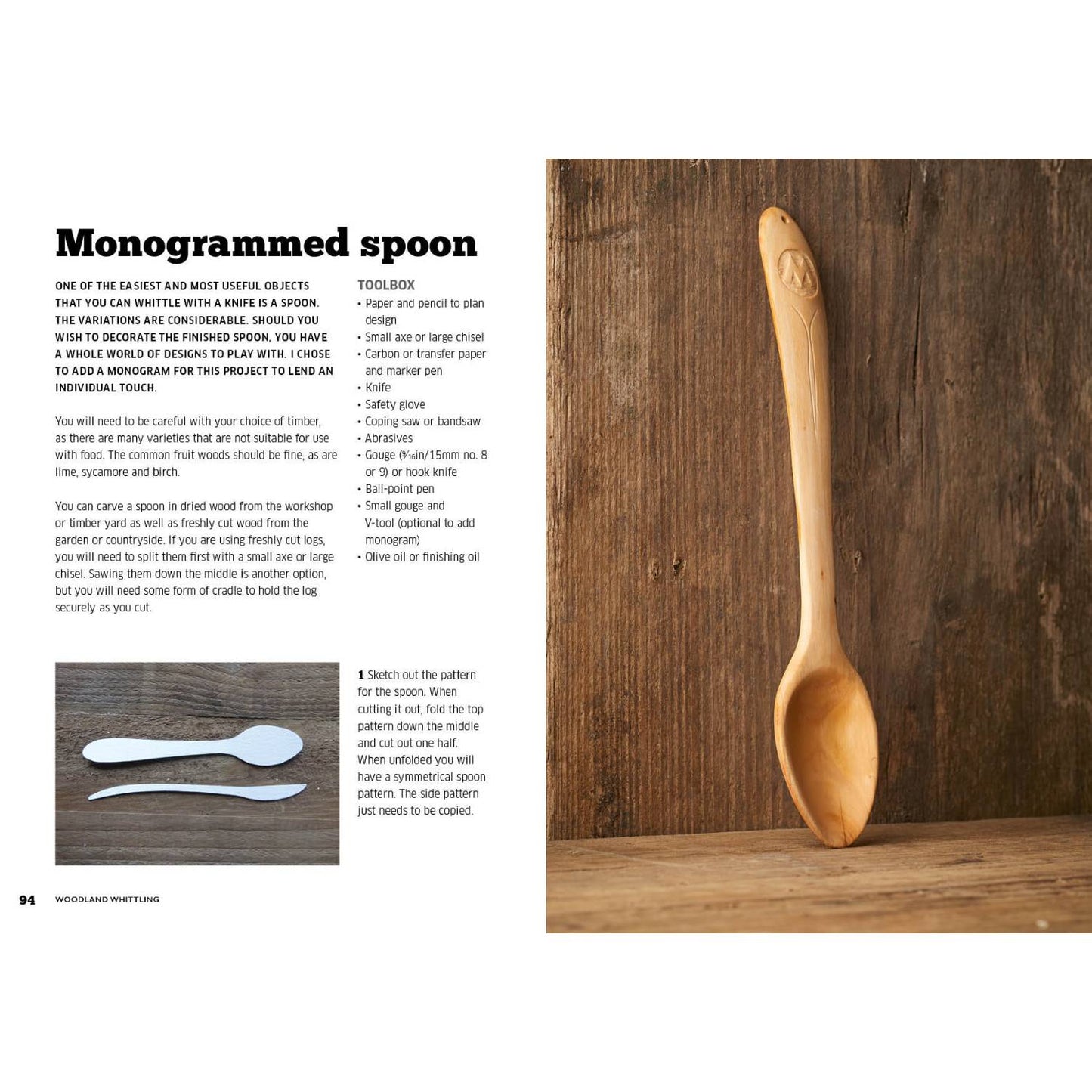 Open book spread with monogrammed spoon carving instructions and a carved wooden spoon on rustic wood surface in Books collection under $50