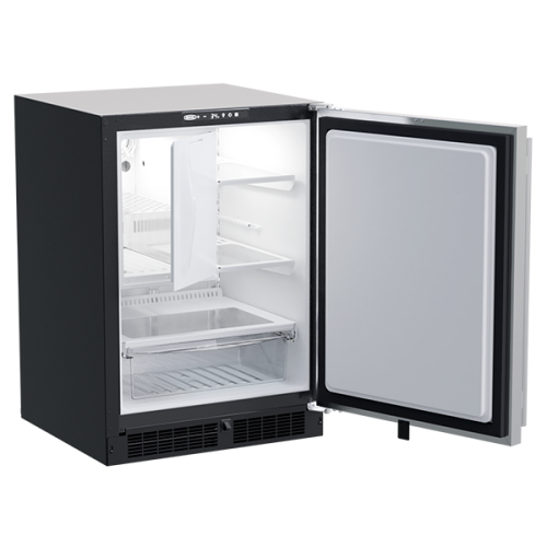 24-inch built-in refrigerator freezer with ice maker, adjustable shelves, and sleek black exterior for kitchen appliances collections