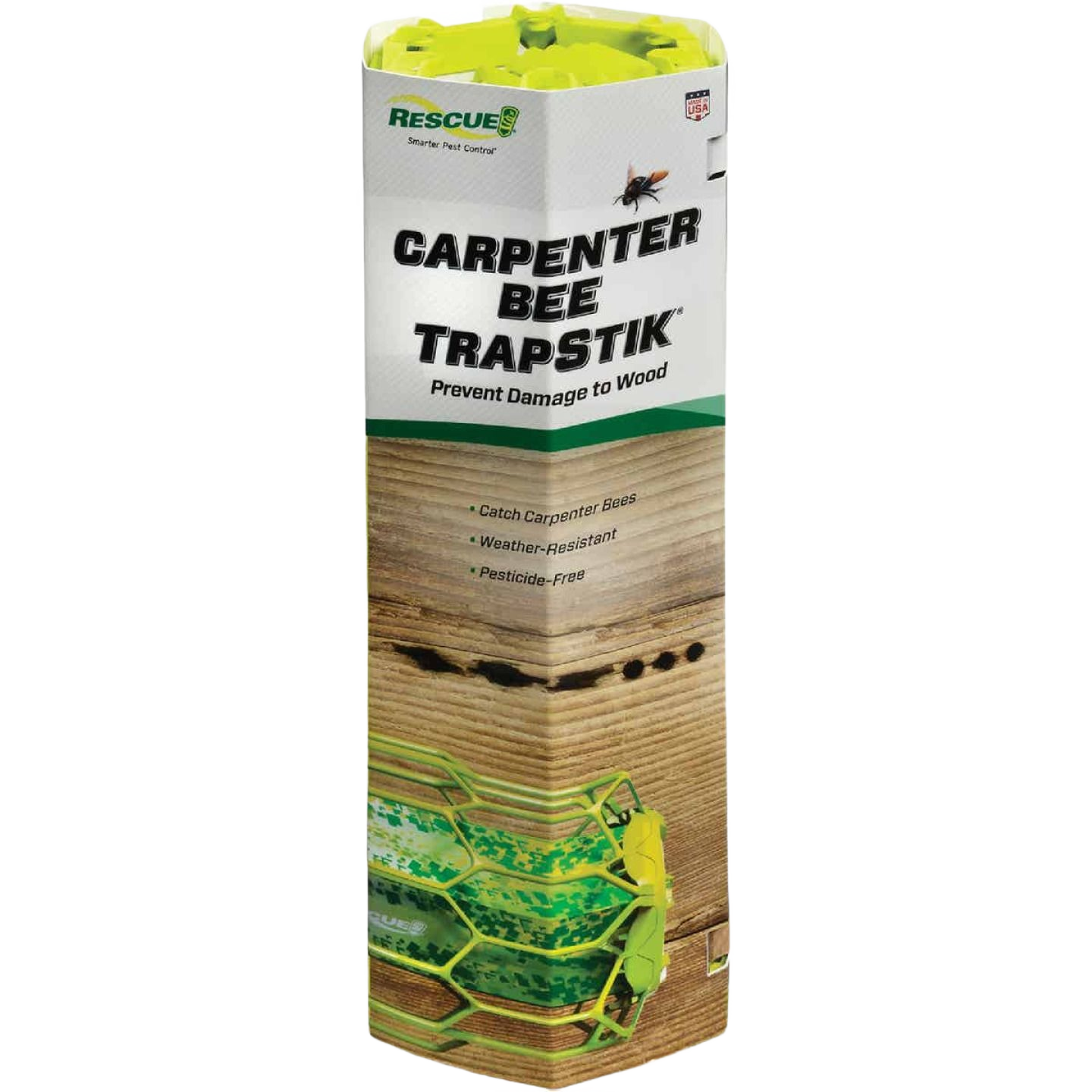 Disposable carpenter bee trap with yellow and green design for effective insect and pest control in lawn and garden.