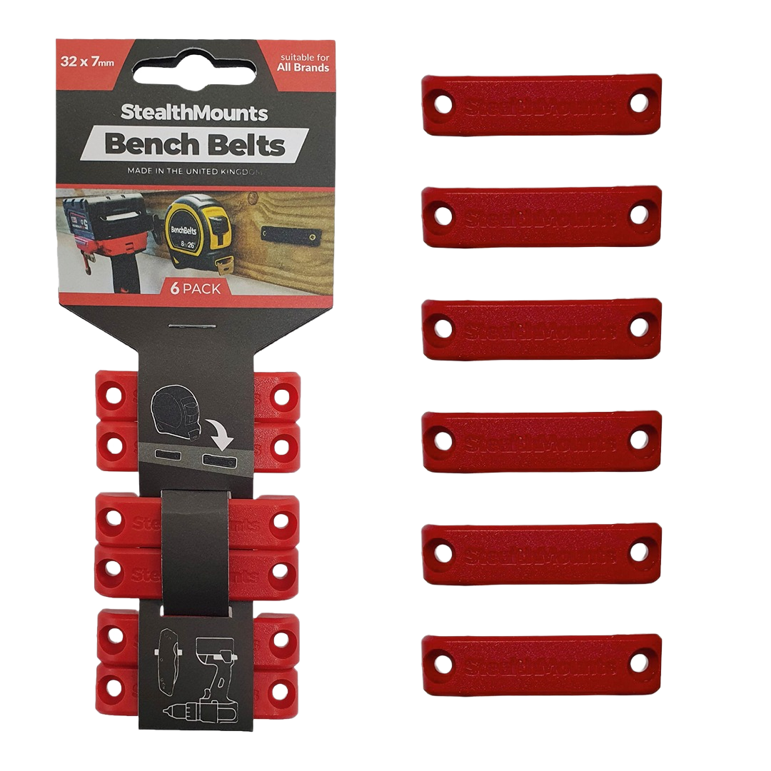 Set of six red universal bench belts with mounting holes for organizing tools in home improvement projects
