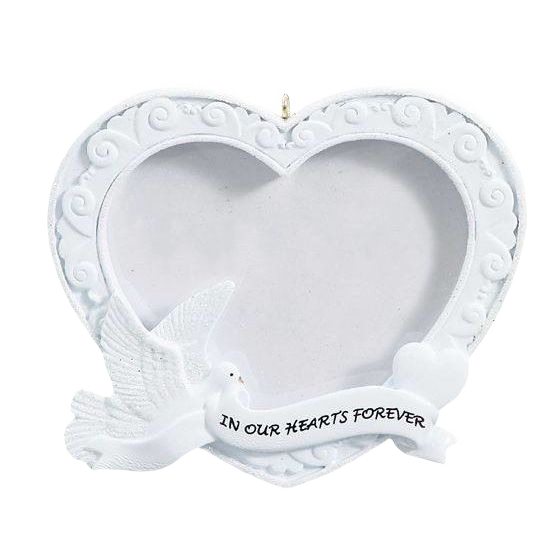 White heart-shaped photoframe ornament with dove and banner reading In Our Hearts Forever for Christmas collection under $50