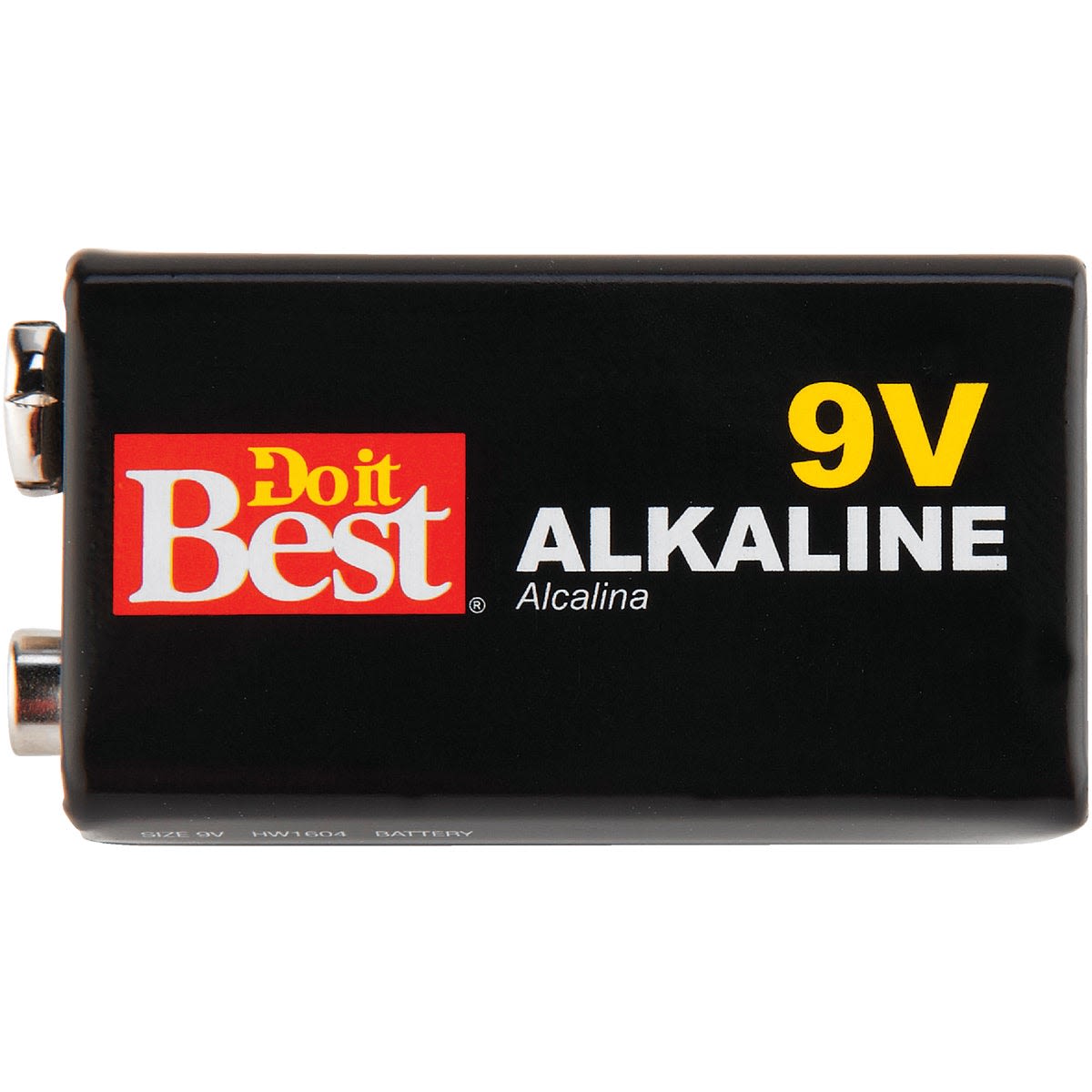 Black rectangular 9V alkaline battery with bold yellow voltage marking and recognizable red and white brand logo