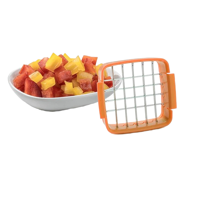Orange food chopper grid blade with diced red and yellow bell peppers in white dish in kitchenware under $50 collection