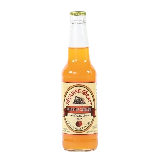 Glass bottle of orange cream soda with vintage-style label displaying Reading Draft branding and 12 oz size