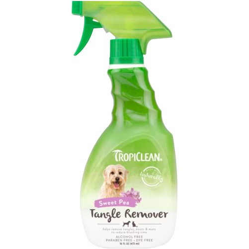 Green spray bottle of TropiClean Sweet Pea scent tangle remover for pet grooming with pictured dog on label