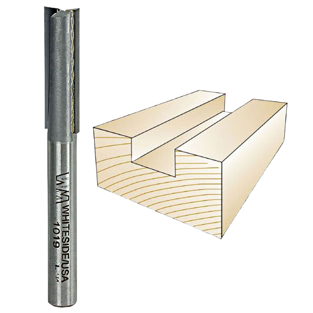 Carbide-tipped Whiteside straight bit next to wooden groove illustrating woodworking tool and home improvement use