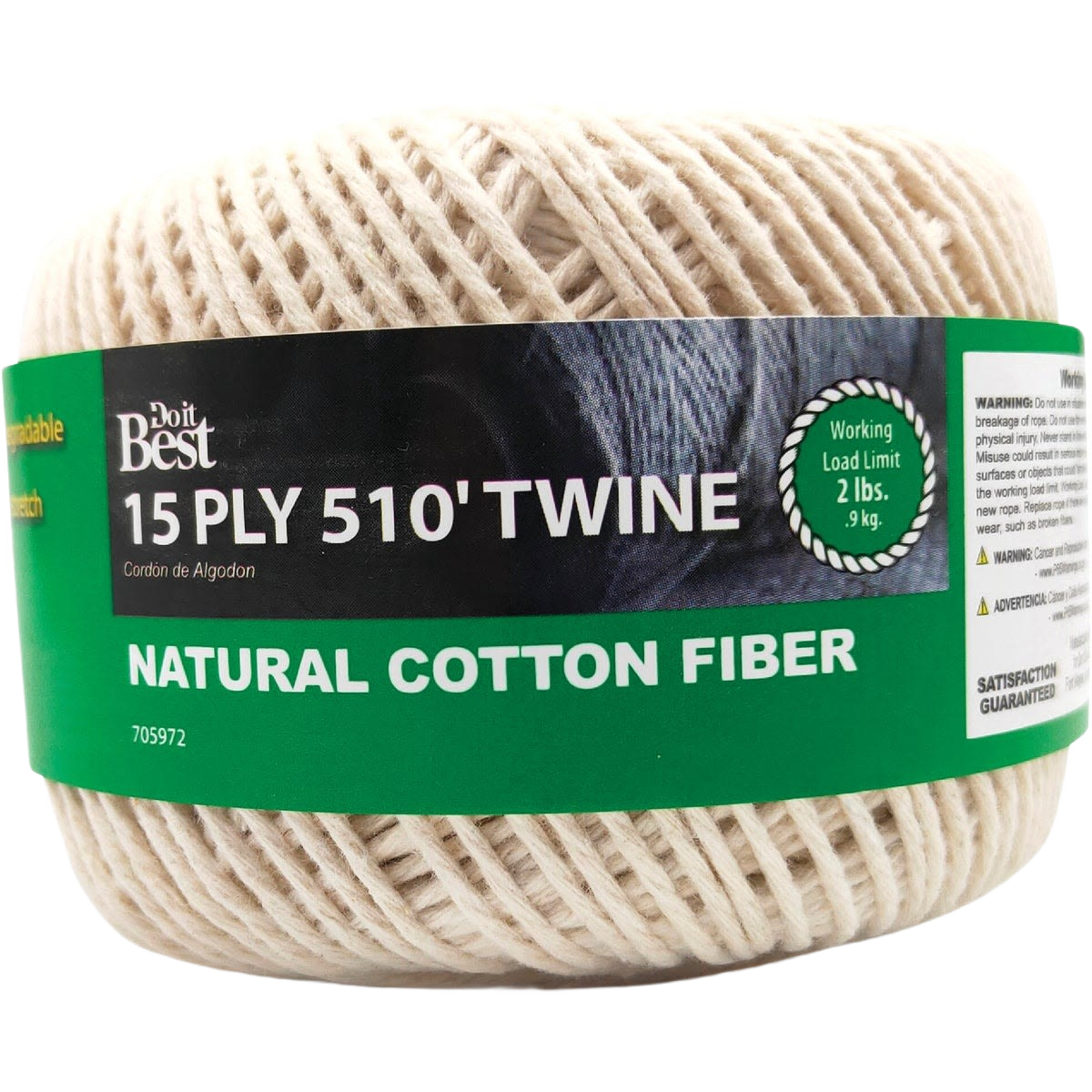 Natural cotton fiber twine spool with green label highlighting 15-ply strength and 510 feet length for home improvement tasks