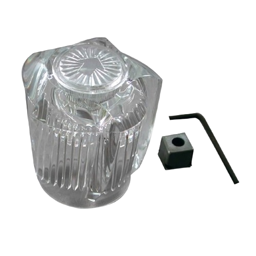 Transparent large diverter handle with accompanying small black adapter and hex key for home improvement use