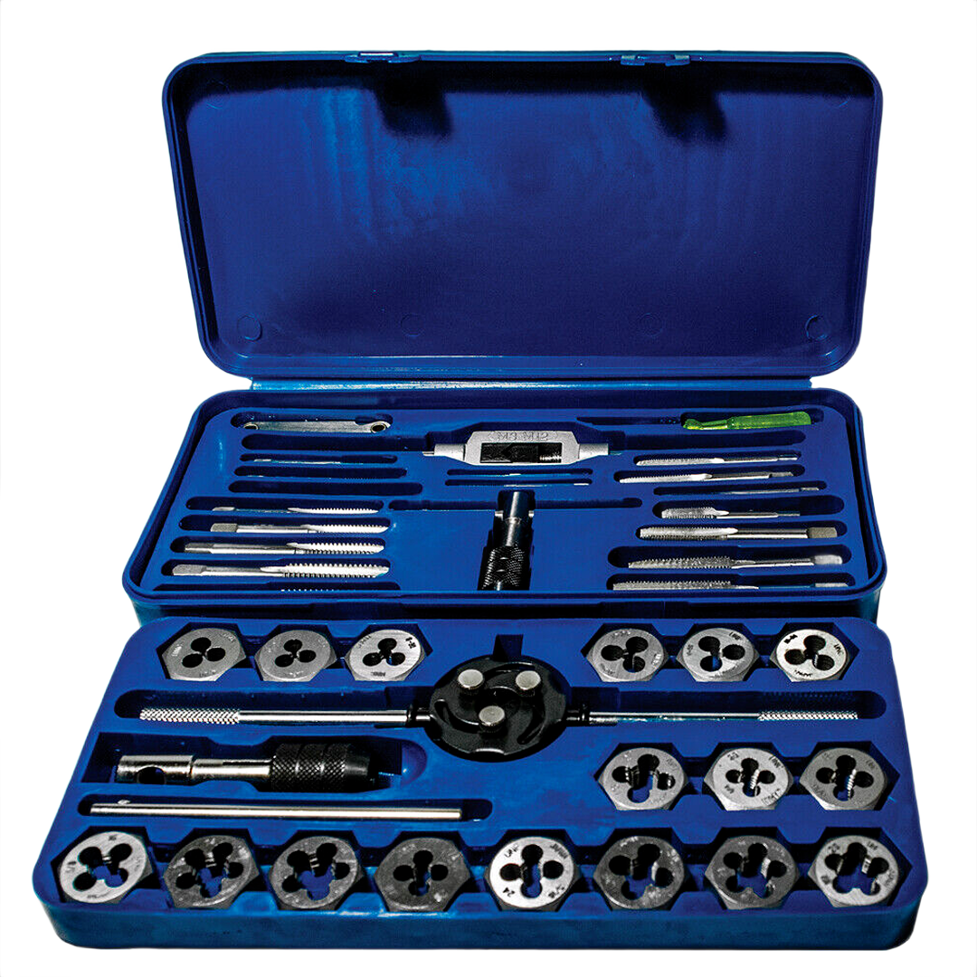 40-piece fractional tap and die set in blue case for threading and repair in tool accessories and drill bits collection