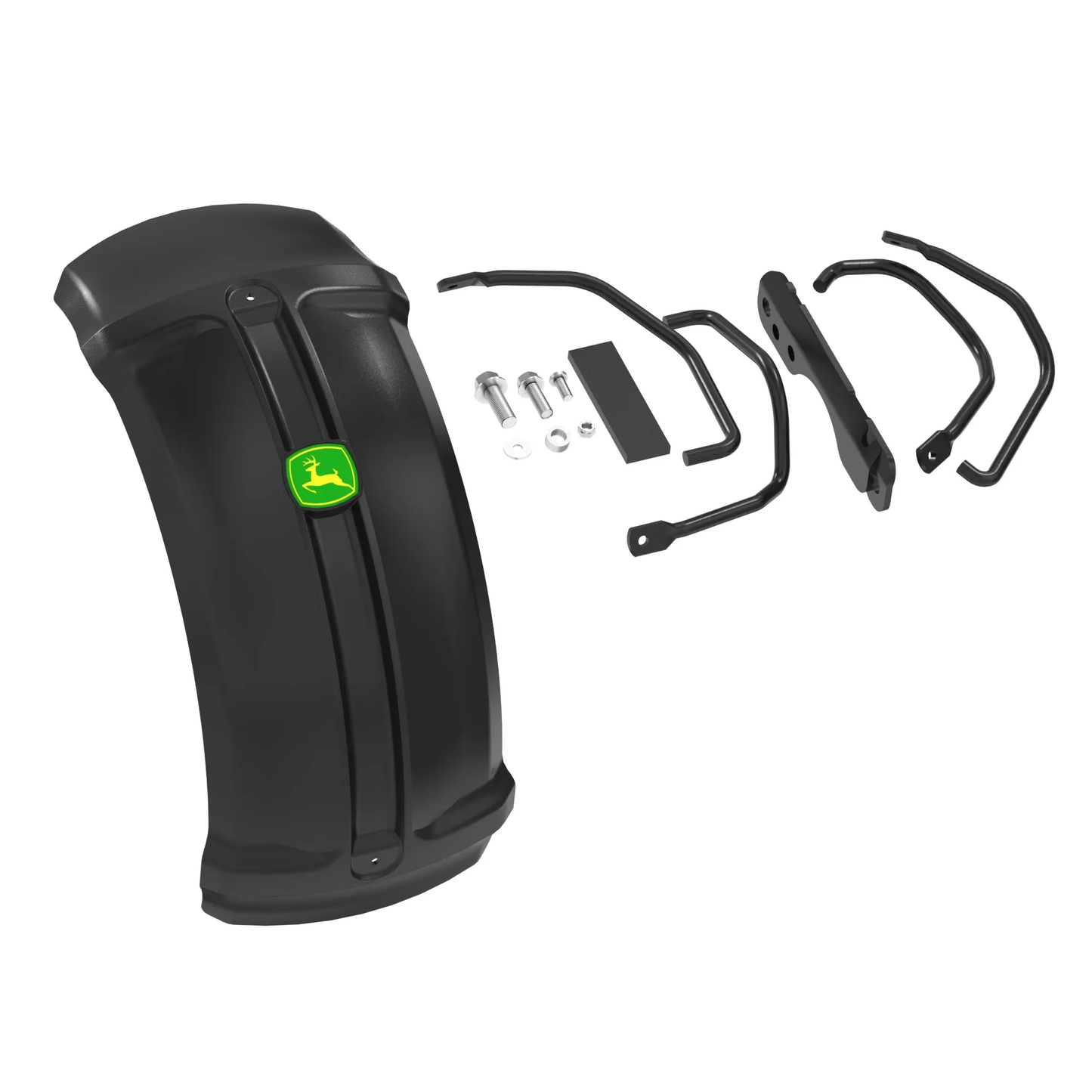 Black front fender with green logo and mounting brackets and hardware for John Deere tool and automotive accessories collection