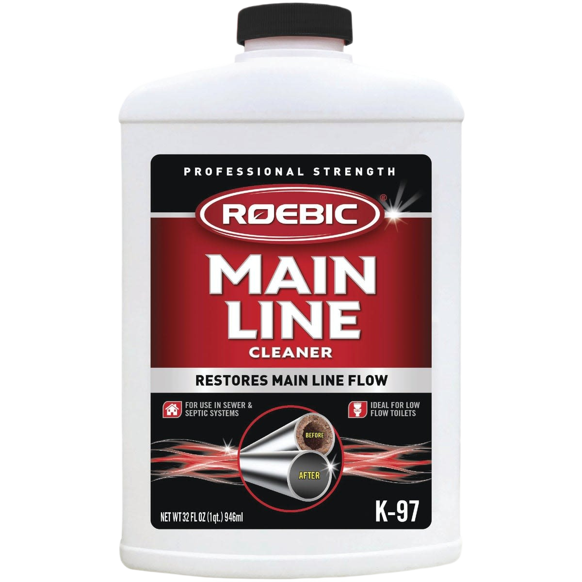 Plastic bottle of Roebic drain cleaner with red and black label for plumbing and cleaning supplies collections