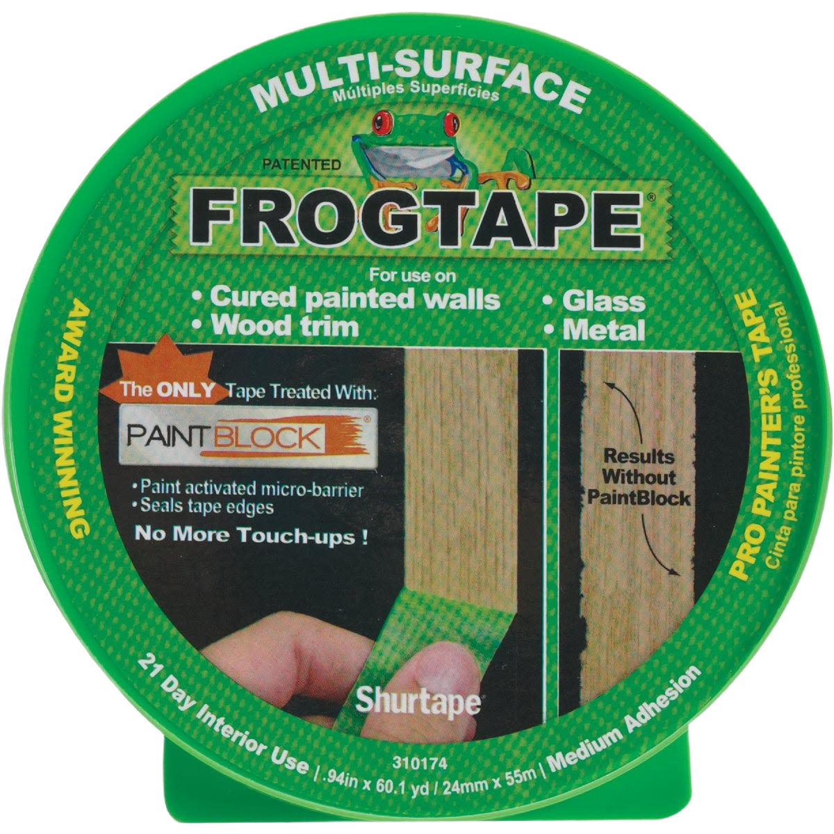Green multi-surface masking tape roll designed for home improvement with paint-block technology and medium adhesion