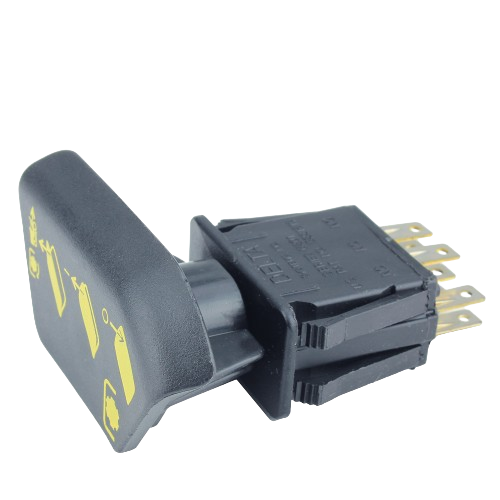 Black PTO switch kit with yellow icons and multiple metal connector terminals for John Deere parts and home improvement use