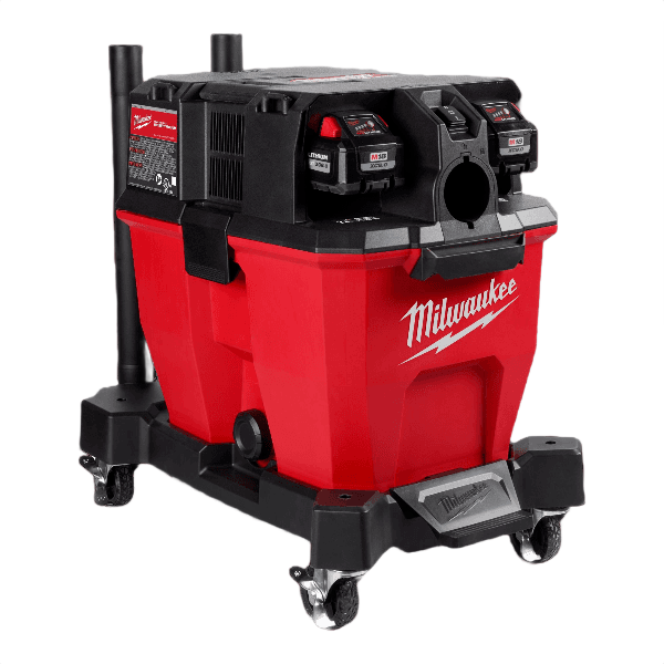 Portable red and black wet/dry vacuum with dual battery slots and heavy-duty wheels for home improvement tasks