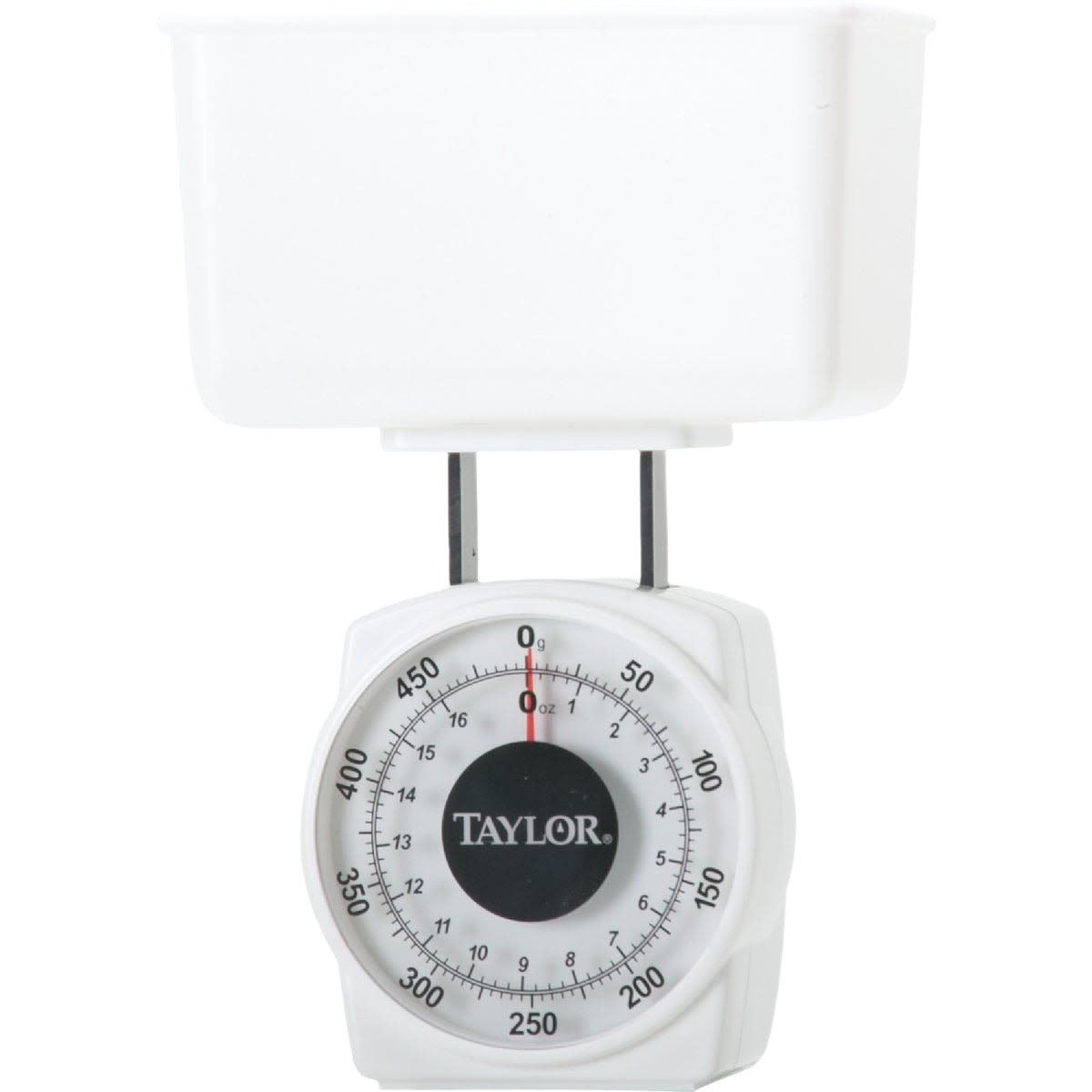 White analog kitchen scale with 1 lb. capacity and removable break-resistant bowl for easy cleaning under $50 kitchenware
