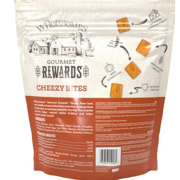 Resealable pouch of oven-baked Wholesomes Cheezy Bites cheddar dog treats for pets under $50 collection