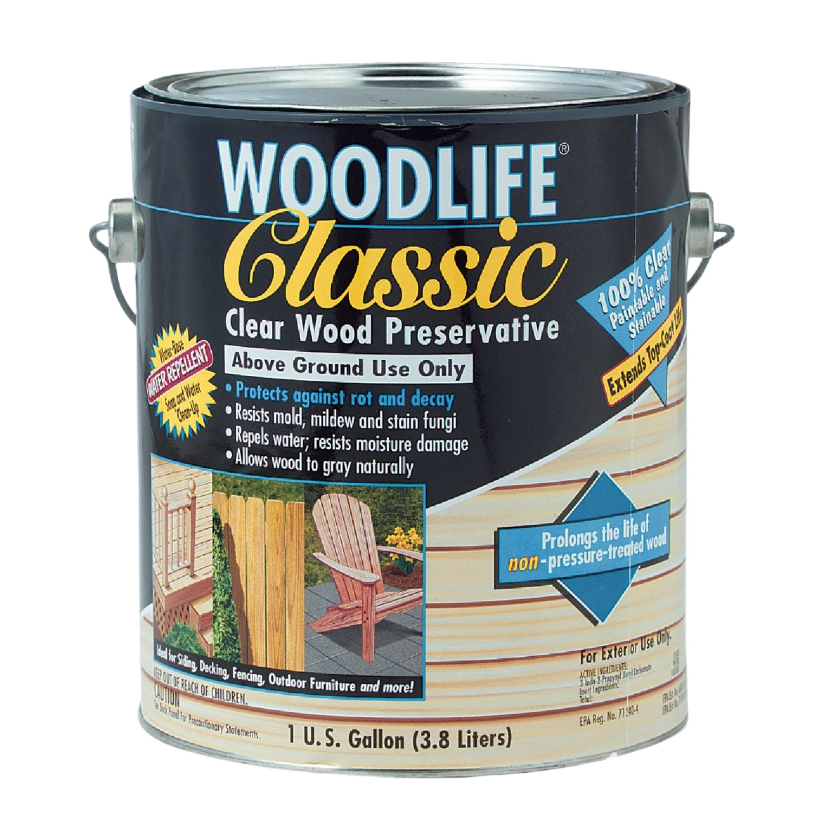 One gallon container of clear wood preservative for exterior use protecting against rot and moisture damage