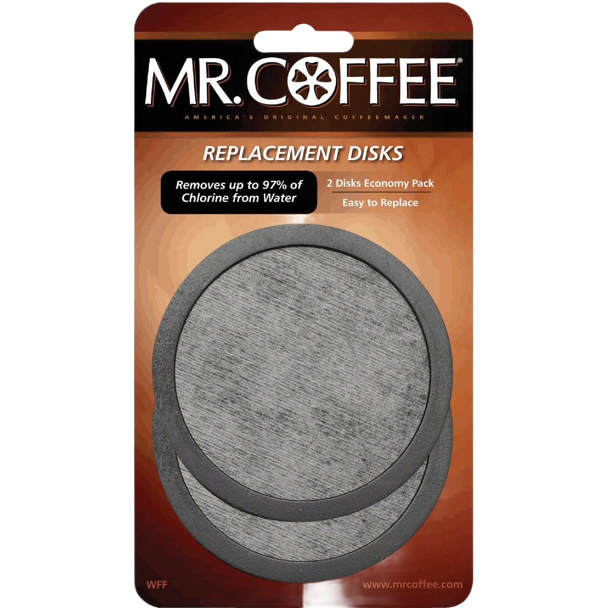 Two round water filter replacement discs with gray carbon activated material for kitchenware and coffee systems.