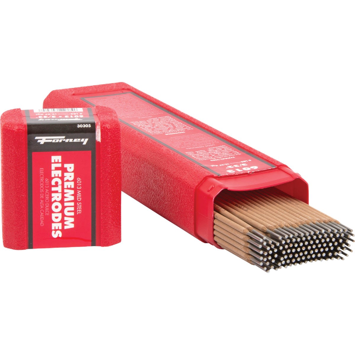 Red plastic case of mild steel welding electrodes for general purpose use in tools and home improvement projects
