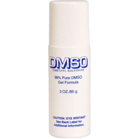White roll-on bottle labeled DMSO dimethyl sulfoxide gel formula with caution warning for eye irritation