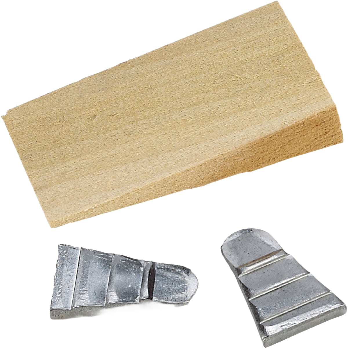 Wooden wedge with two steel wedges designed for use with sledge or maul in tools and home improvement tasks