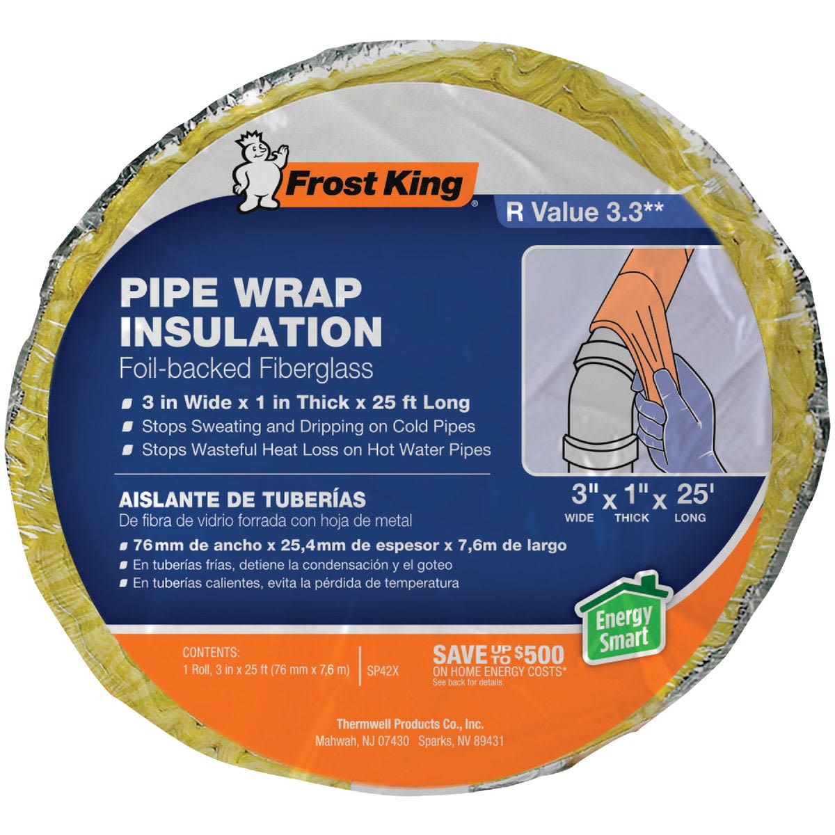 Foil-backed fiberglass pipe insulation wrap 3-inch wide and 1-inch thick roll for home improvement projects