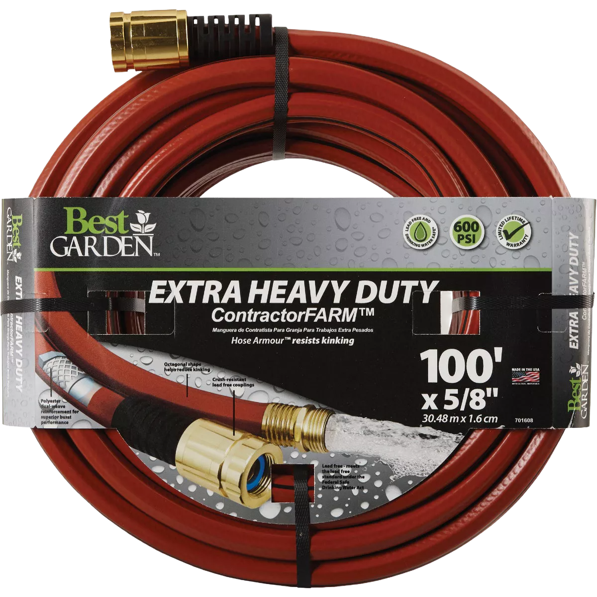 Durable drinking water safe garden hose with brass fittings for watering and irrigation in lawn and garden care