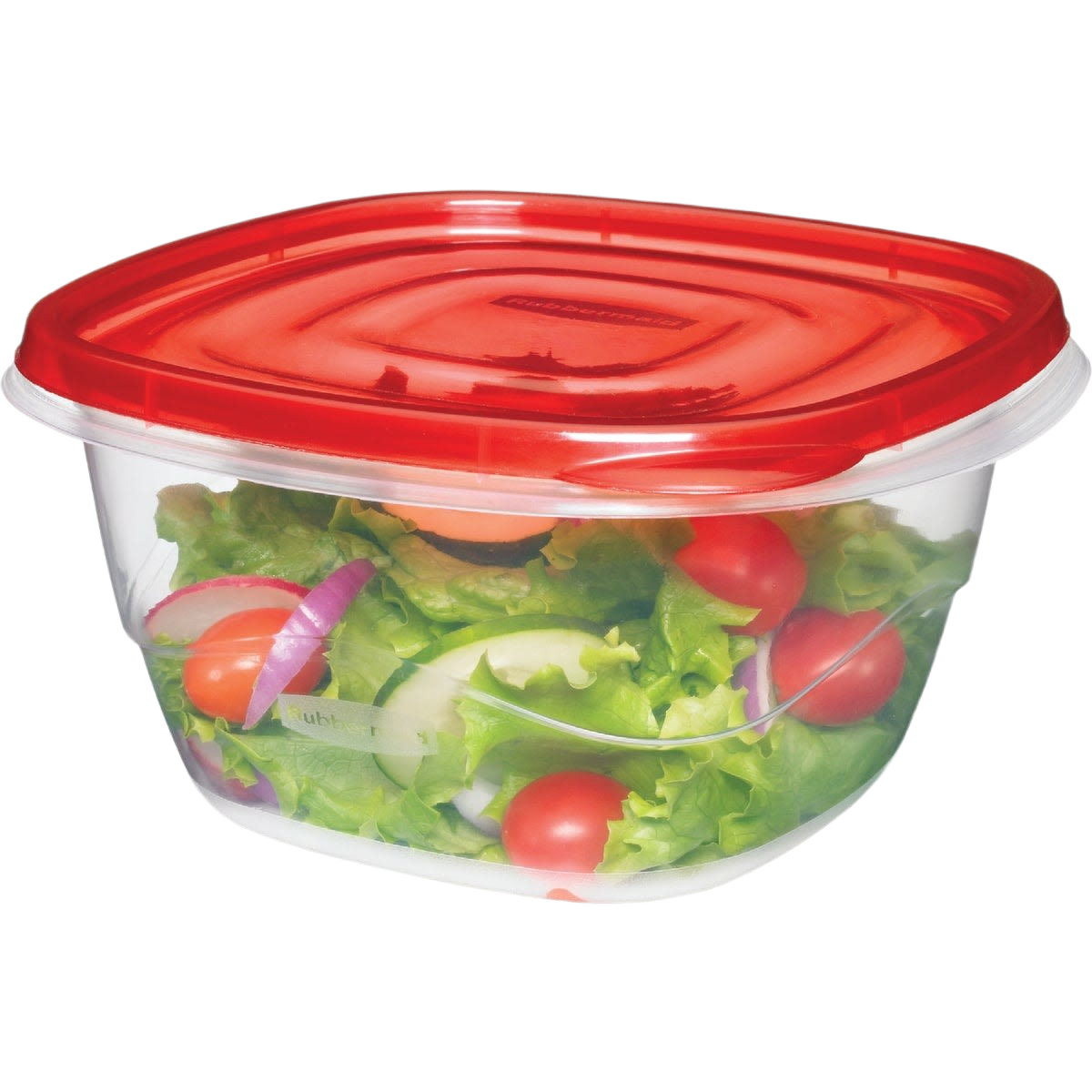 Square food storage container with red lid holding fresh salad, ideal for kitchen organization under $50