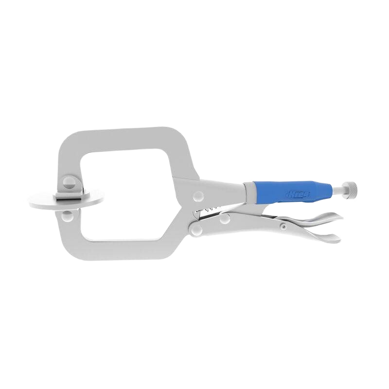Metal face clamp with blue ergonomic handle and adjustable trigger for secure woodworking and home improvement use