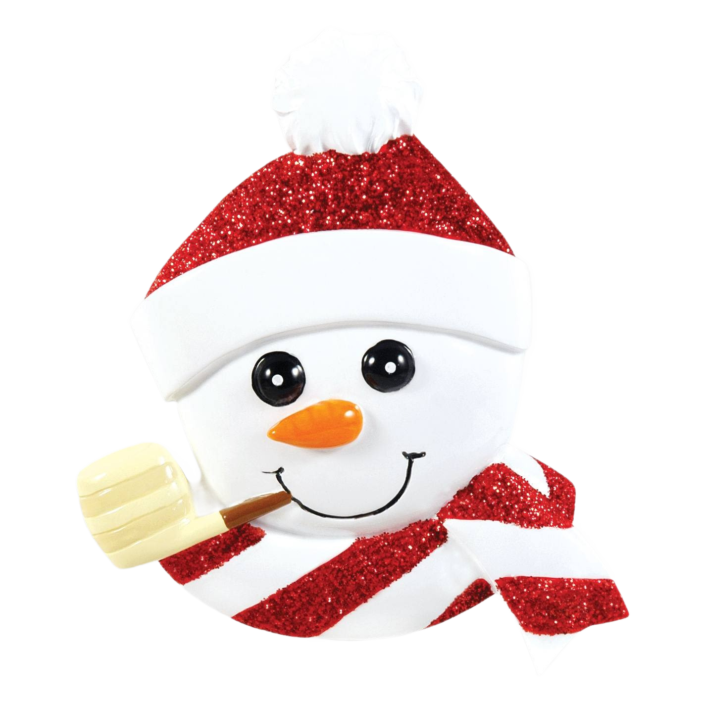 White snowman ornament with red glitter hat and scarf, smiling face and holding a light yellow pipe for Christmas decor