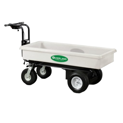 Electric garden wagon with durable plastic cargo bed and sturdy black frame, designed for heavy-duty transport in rental equipment at Hartville Hardware.