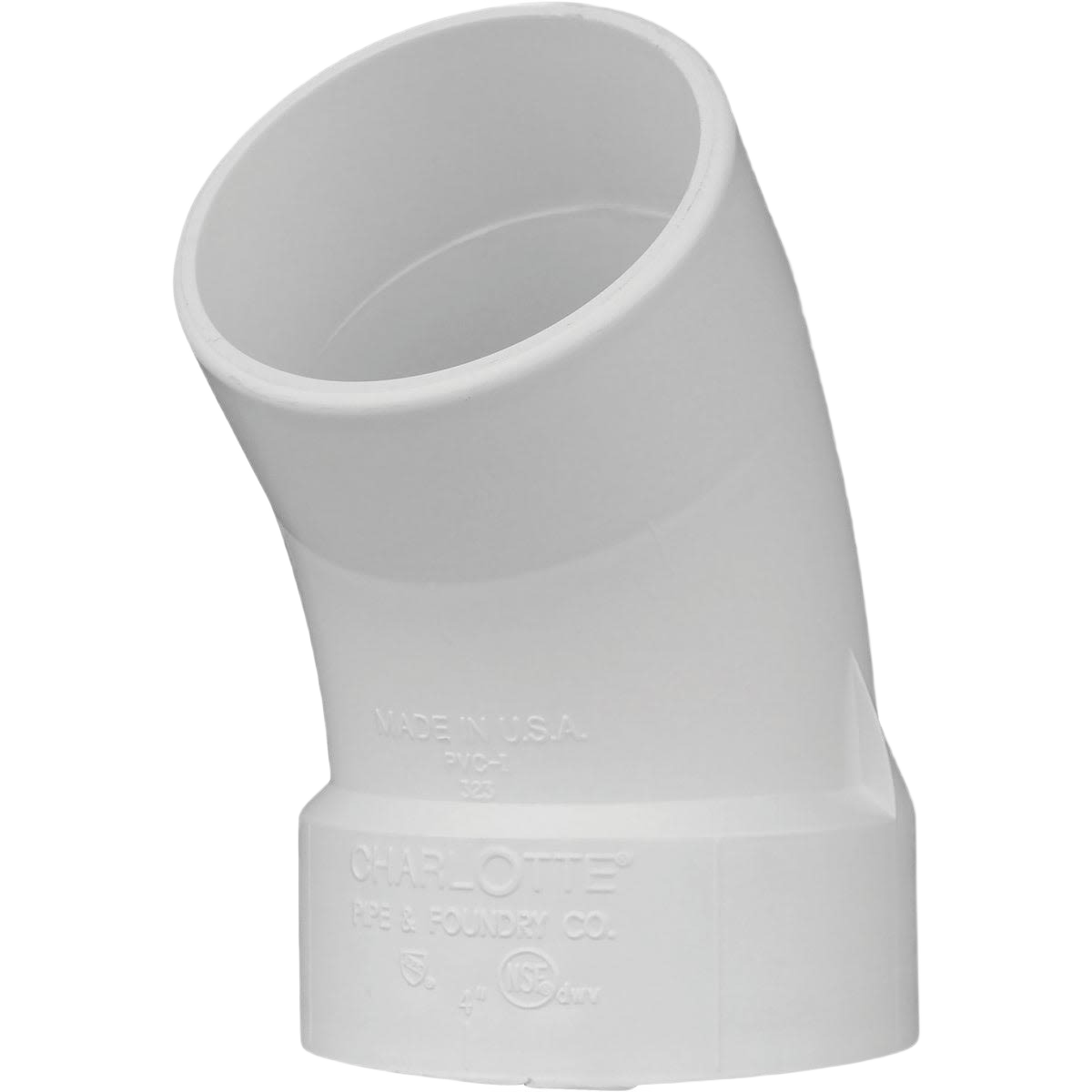 White 4-inch 45-degree PVC elbow pipe fitting for plumbing, irrigation, and home improvement under $50 collections