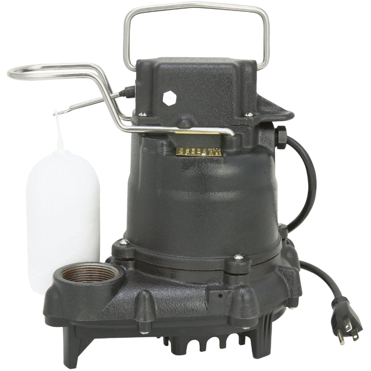 Black cast iron submersible sump pump with float switch and power cord for home improvement and tools use