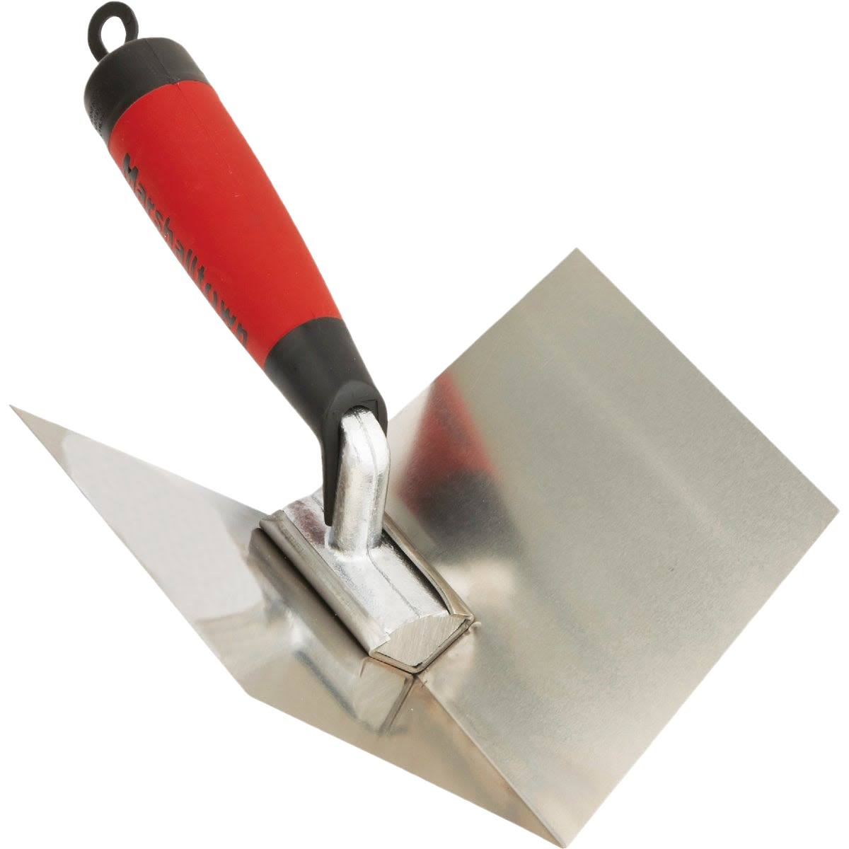 Corner finishing trowel with flexible stainless steel blade and red soft grip handle for drywall and home improvement tasks