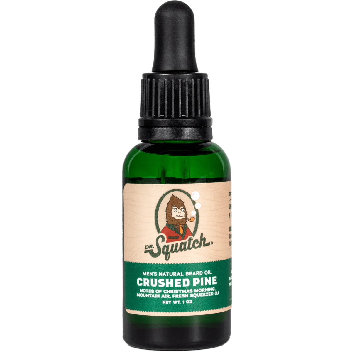 Green glass dropper bottle of natural beard oil with pine scent and branded label for grooming care