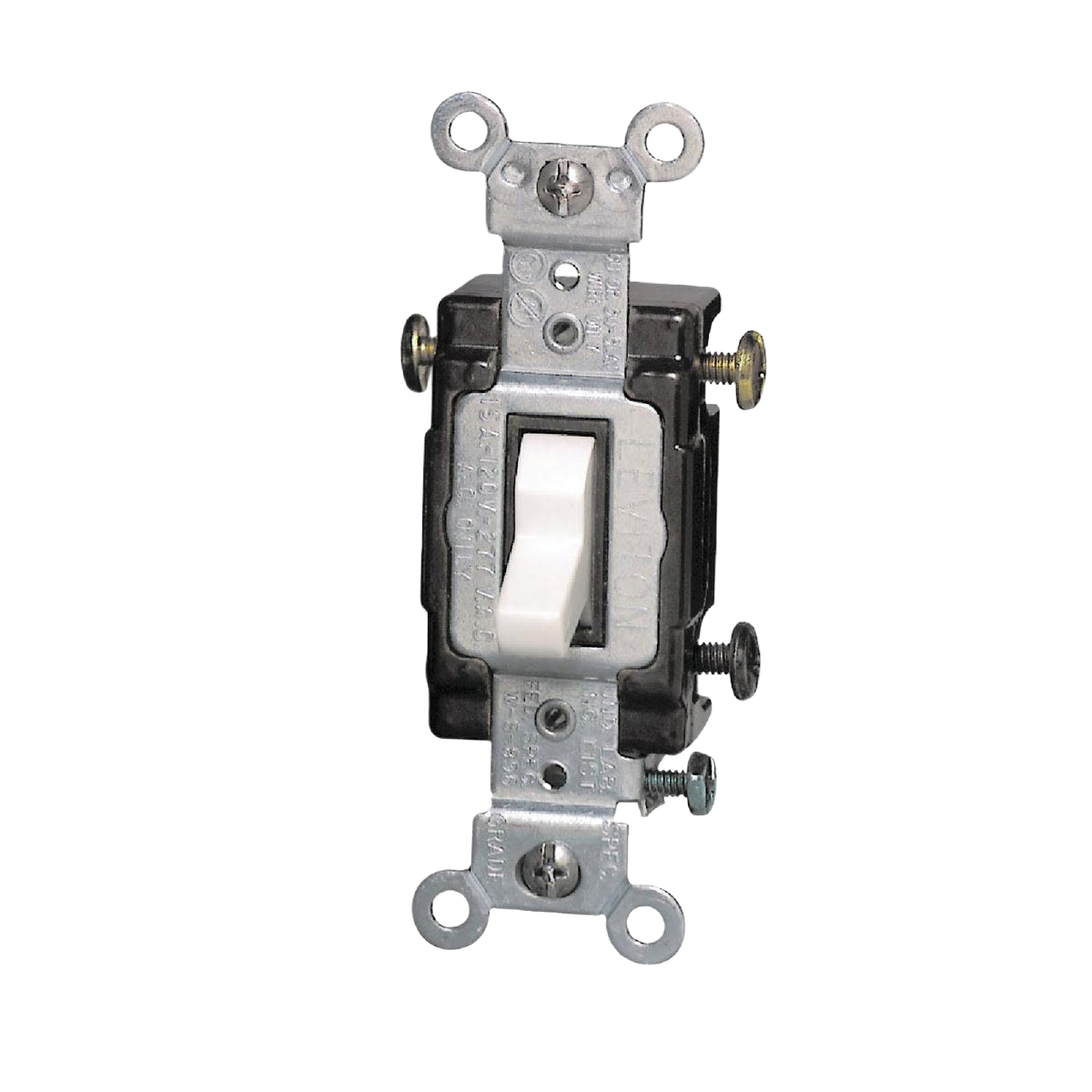 White toggle light switch with metal mounting bracket for grounded electrical wiring in home improvement projects