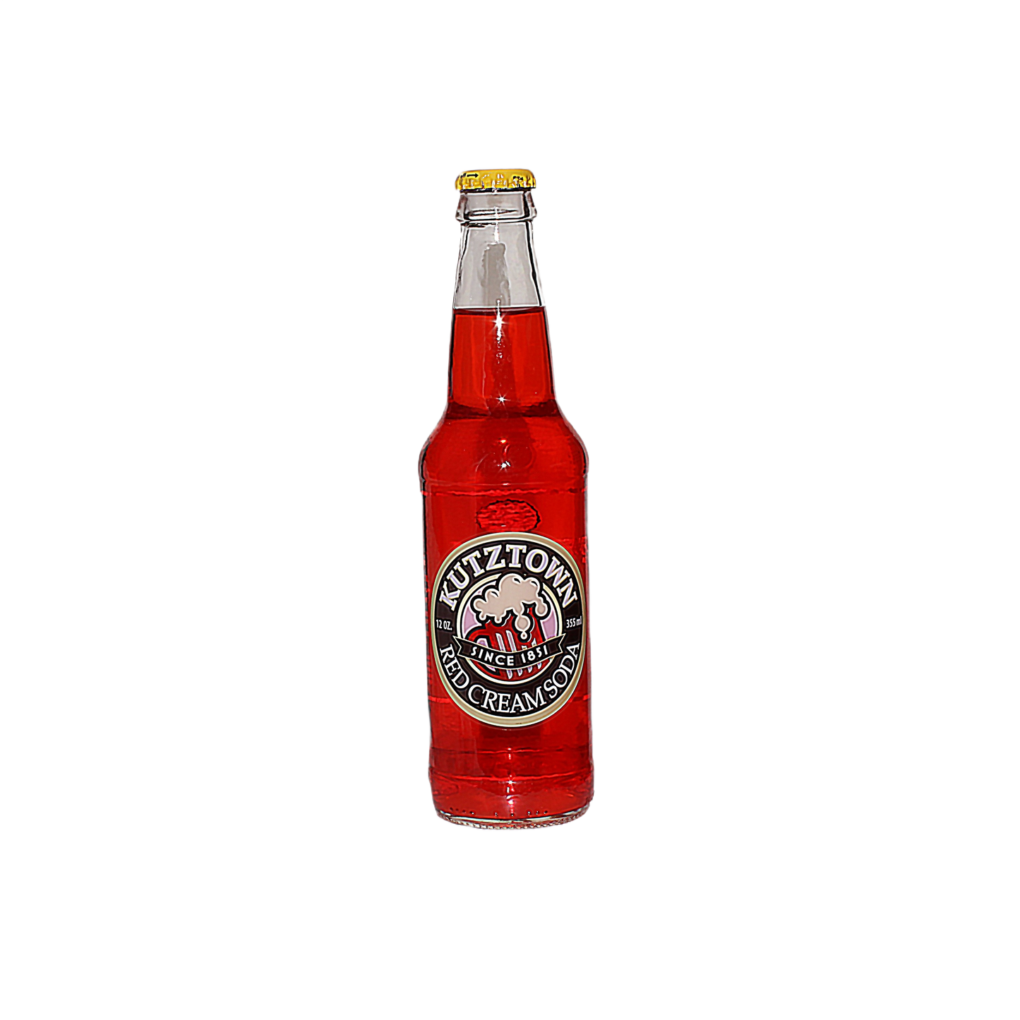 Clear glass bottle filled with bright red cream soda labeled Kutztown with a yellow bottle cap