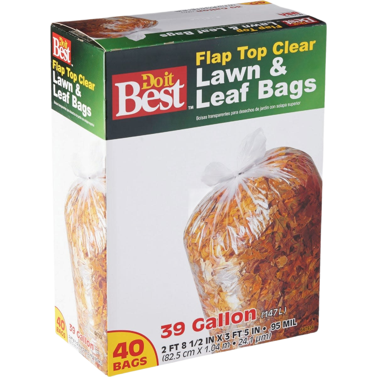 Box of 40 clear flap tie bags for lawn and leaf debris, each with 39-gallon capacity for yard cleanup tasks