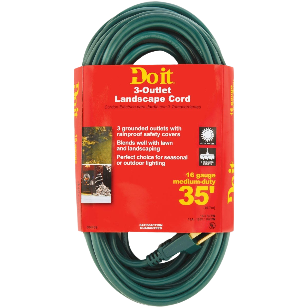 Green medium-duty extension cord with three grounded outlets and rainproof covers for outdoor electrical use