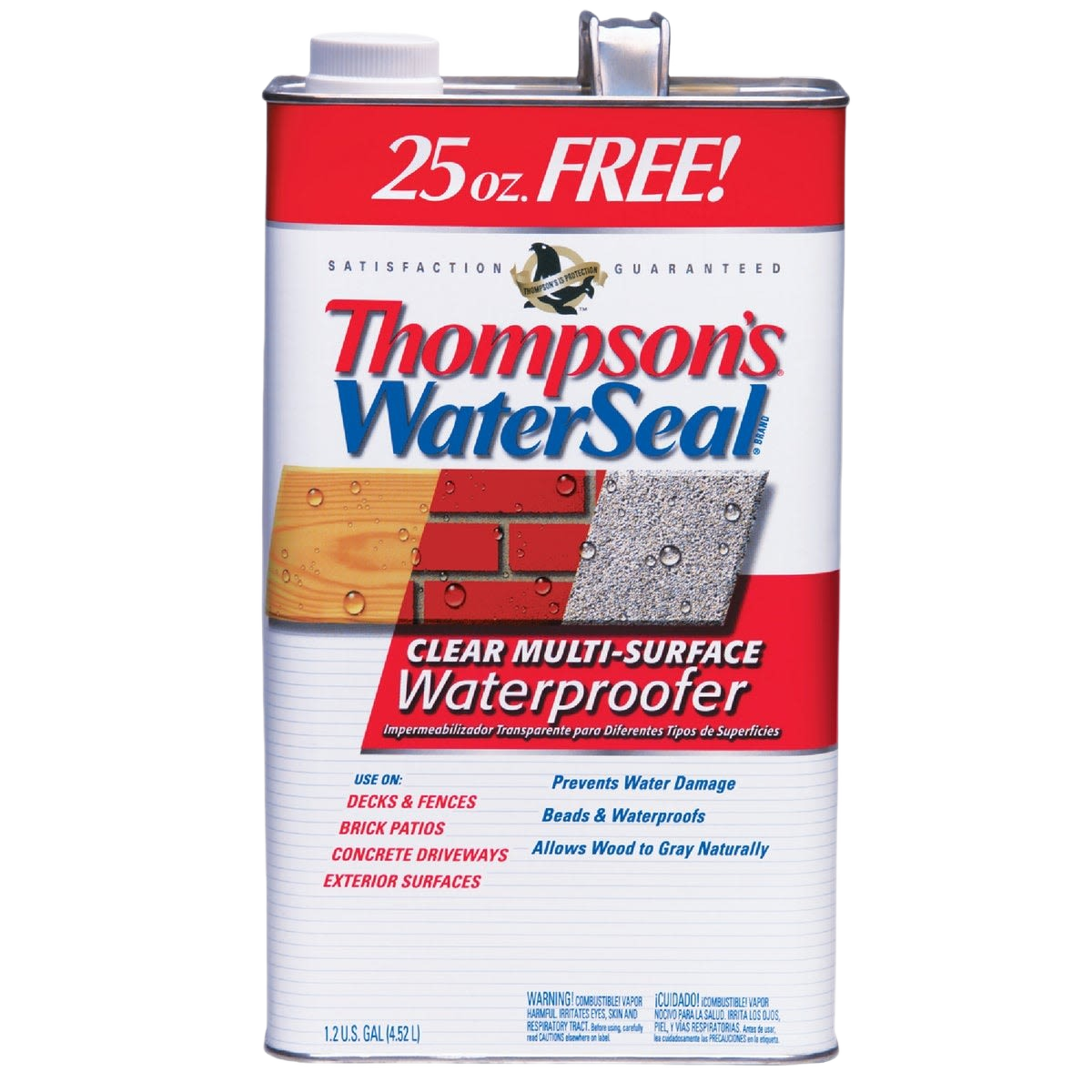 Metal container of clear multi-surface waterproofing sealer for decks, brick, concrete, and exterior home use