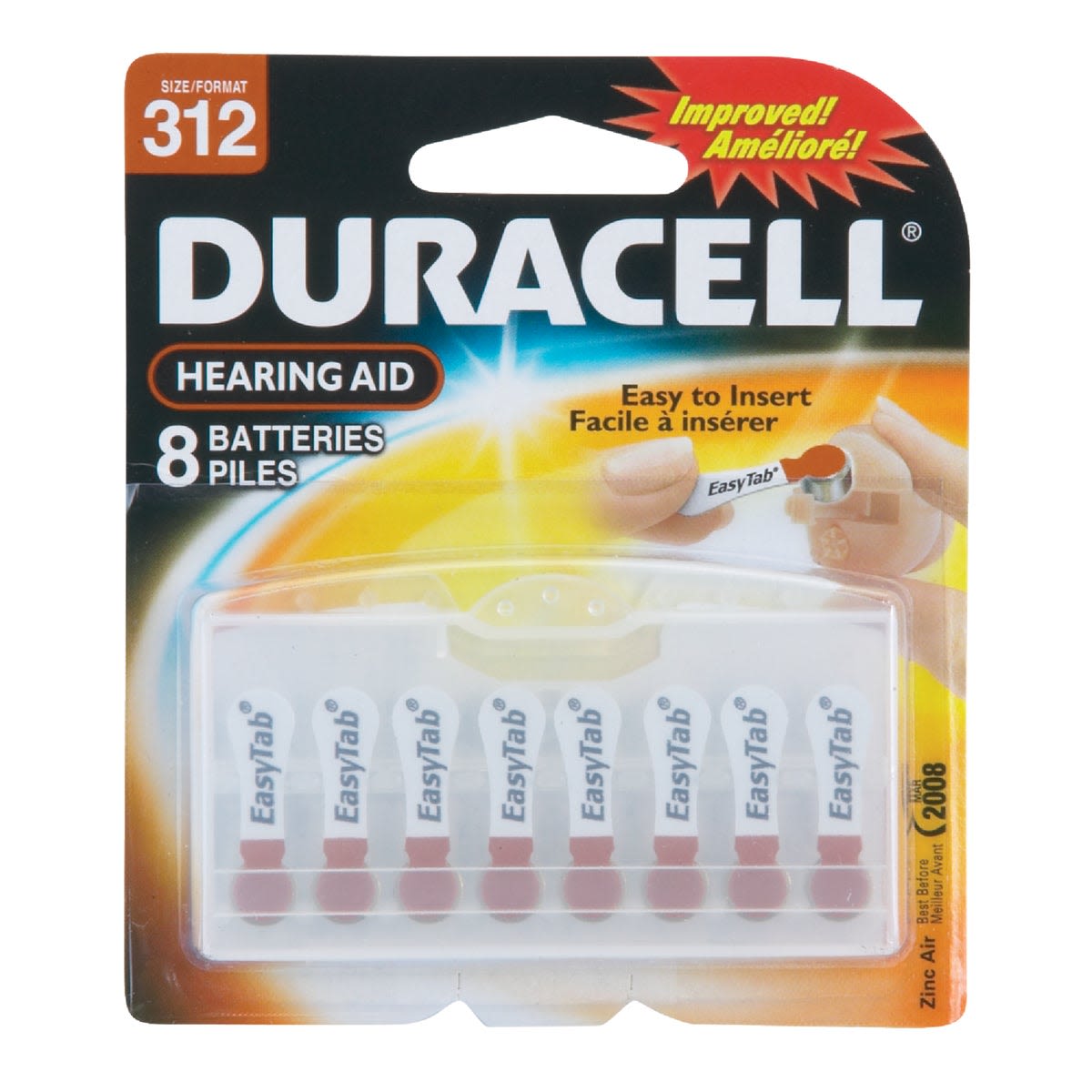 Package of 8 Duracell hearing aid batteries with EasyTab design for simple insertion in hearing devices