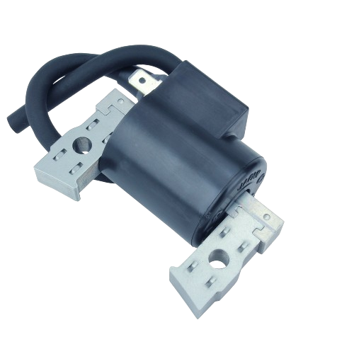 Black ignition coil with mounting brackets and cable for automotive and John Deere engine parts collection