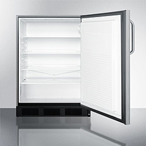 Compact stainless steel under-counter refrigerator with open door showing adjustable shelves for kitchen and appliance use