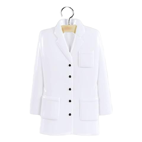 White lab coat ornament with buttons and pockets hanging on a hook for Christmas Ornaments & Tree Decorations collection