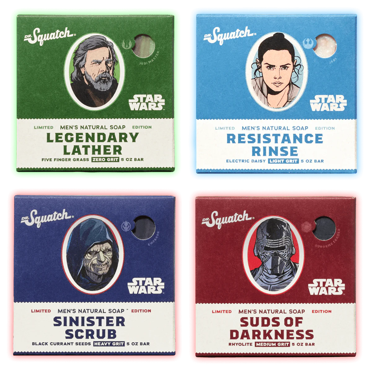 Four natural soaps with Star Wars character illustrations in colorful packaging highlighting different scents and grit levels