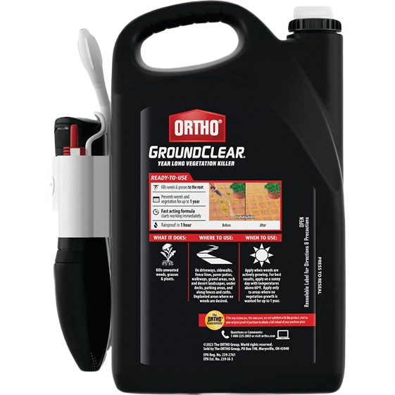 Black 1-gallon container of Ortho GroundClear vegetation killer with attached Comfort Wand for lawn care under $50 collections