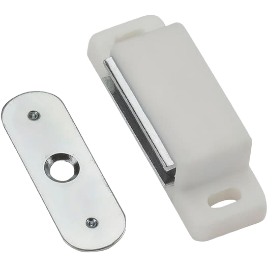 Compact 1/2 inch magnetic catch with white plastic housing and metal mounting plate for cabinet and furniture hardware projects