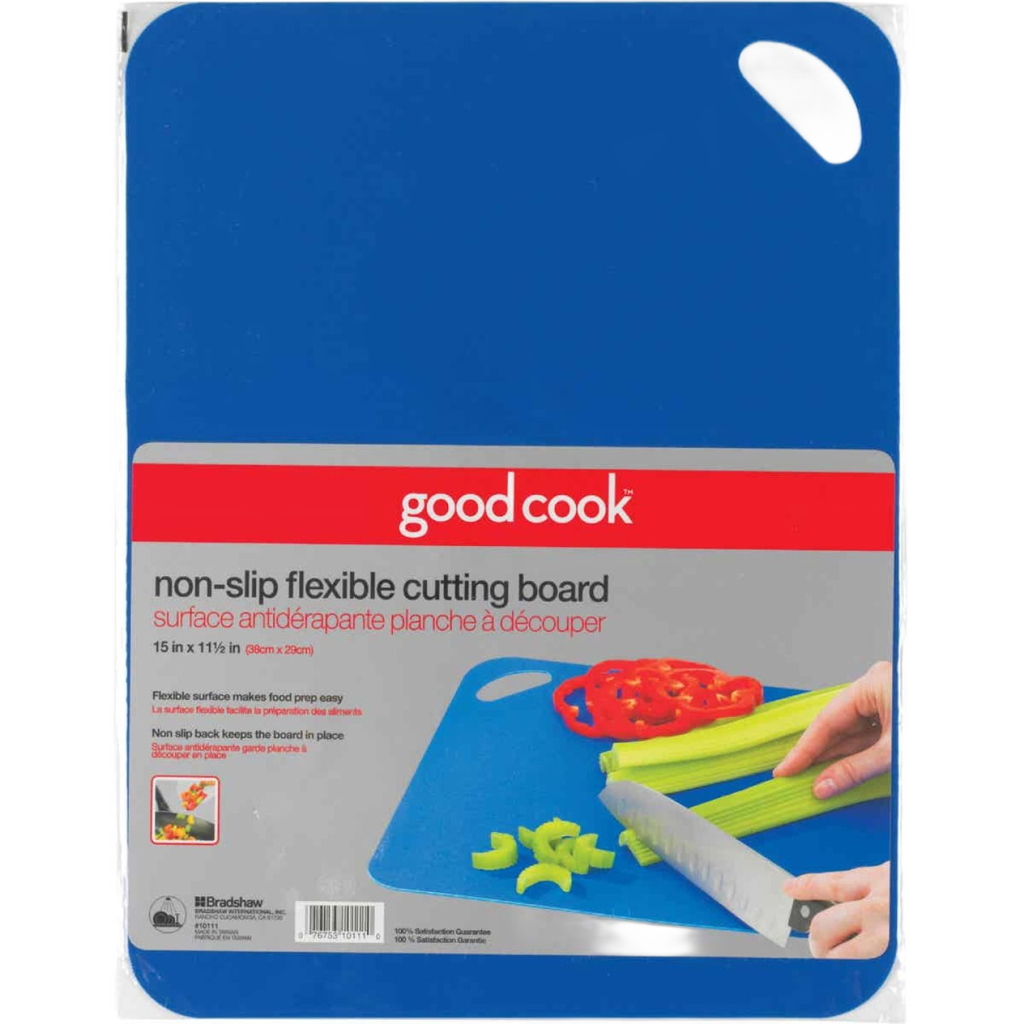 Blue flexible chopping mat with non-slip backing shown cutting celery and red bell pepper in kitchenware collection